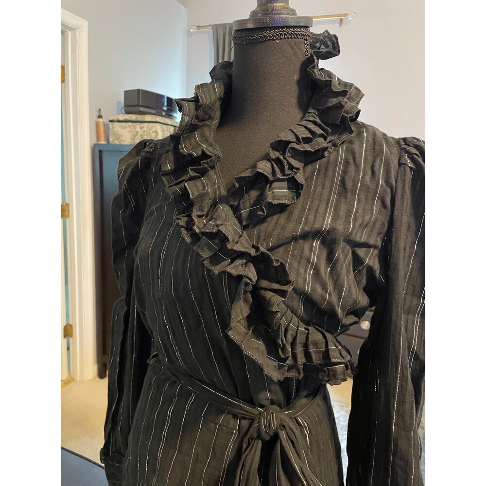 Ceres Black Sheer Wrap Blouse Medium Gold Metallic Stripe Ruffle Collar - Picture 3 of 5